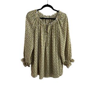 Max Studio Women Plus SZ 1X White Lemon/Lime Tie Neck 3/4 Sleeve Pullover Blouse